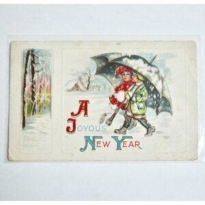 Early 1900s Antique A Joyous New Year Postcard Boy Girl Umbrella Snow